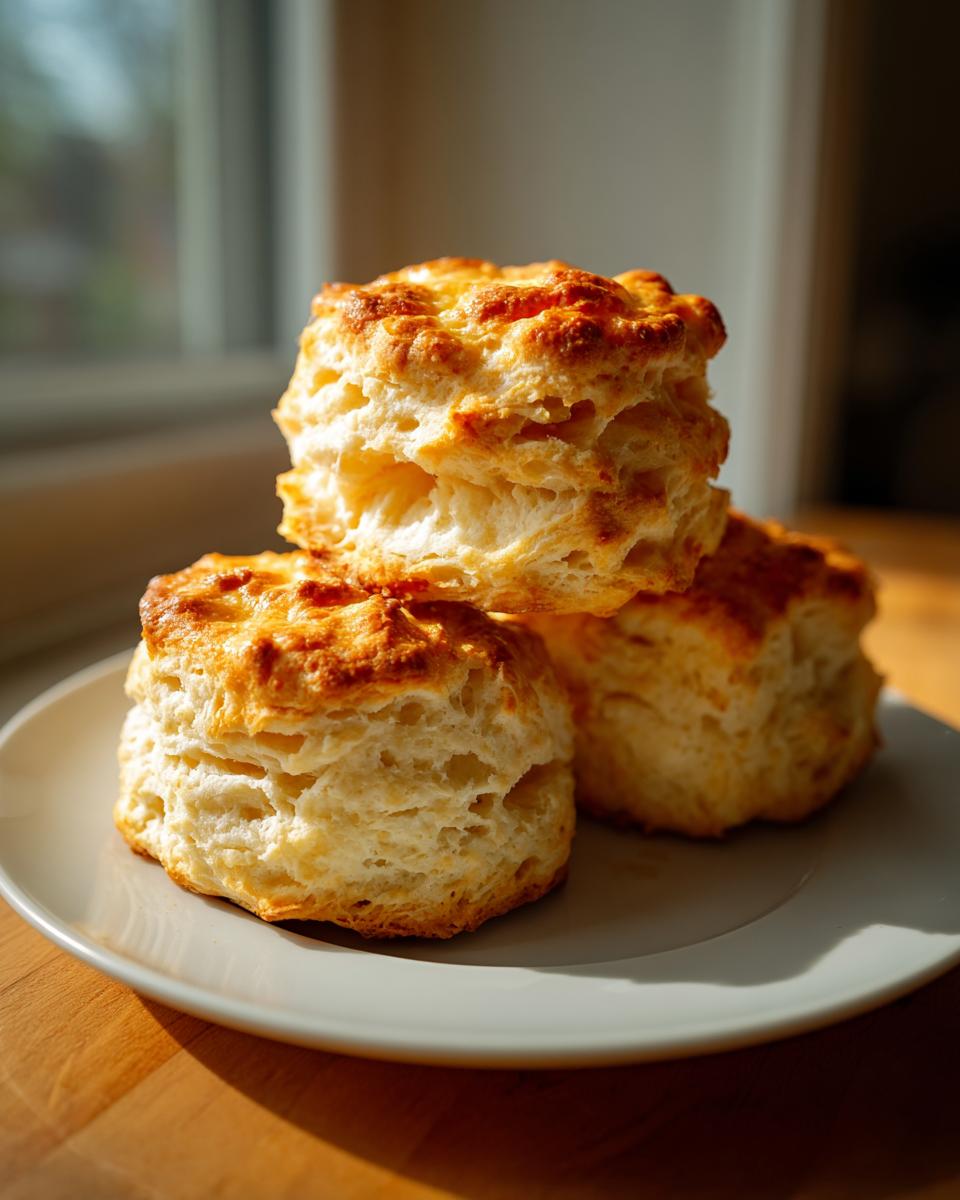 Three tall, flaky buttermilk biscuits stacked on a white plate, catching bright sunlight.