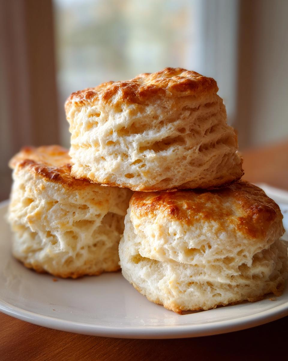 A stack of three tall, fluffy buttermilk biscuits with golden brown tops on a white plate.
