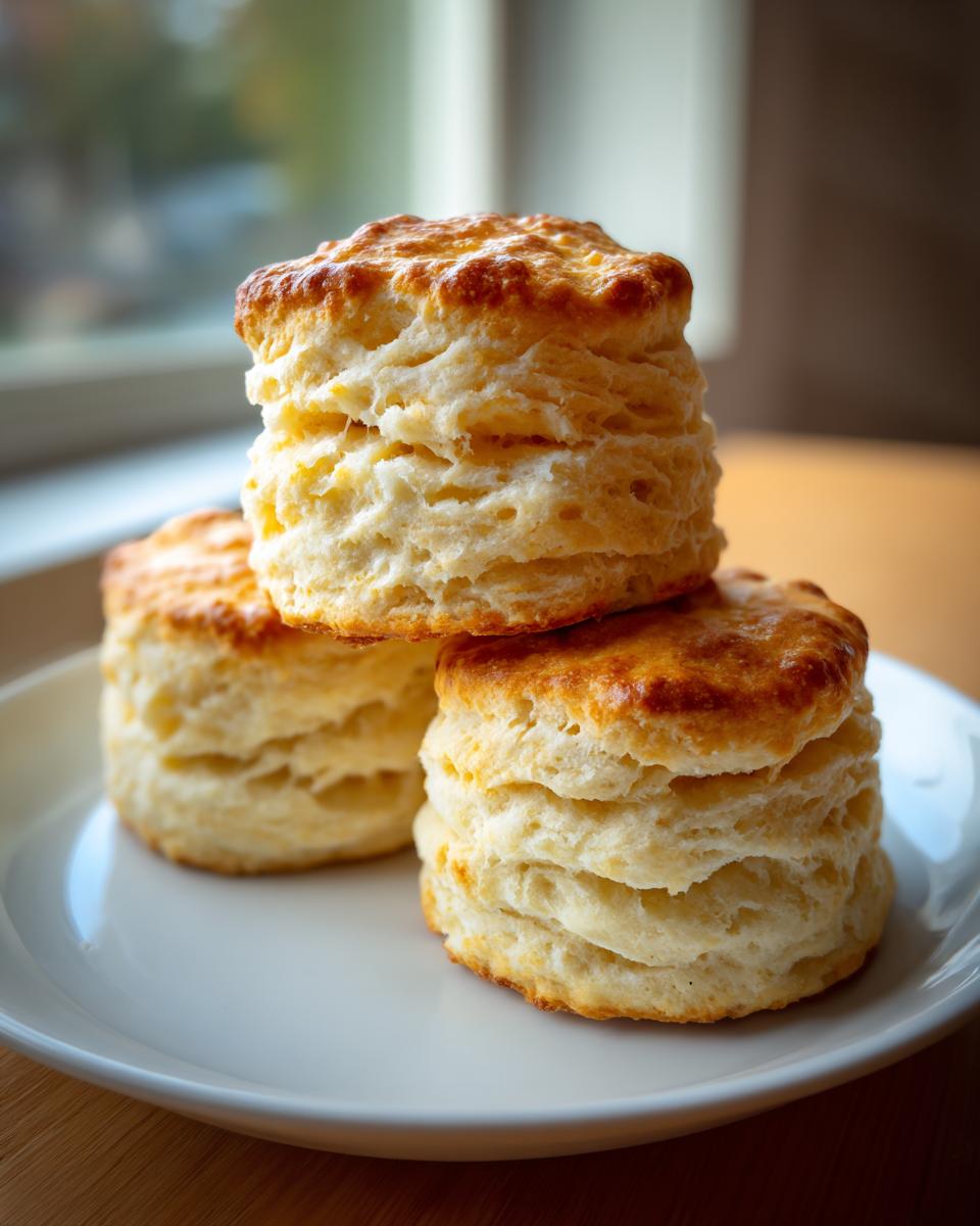 Three tall, flaky buttermilk biscuits stacked on a white plate, showing golden tops.