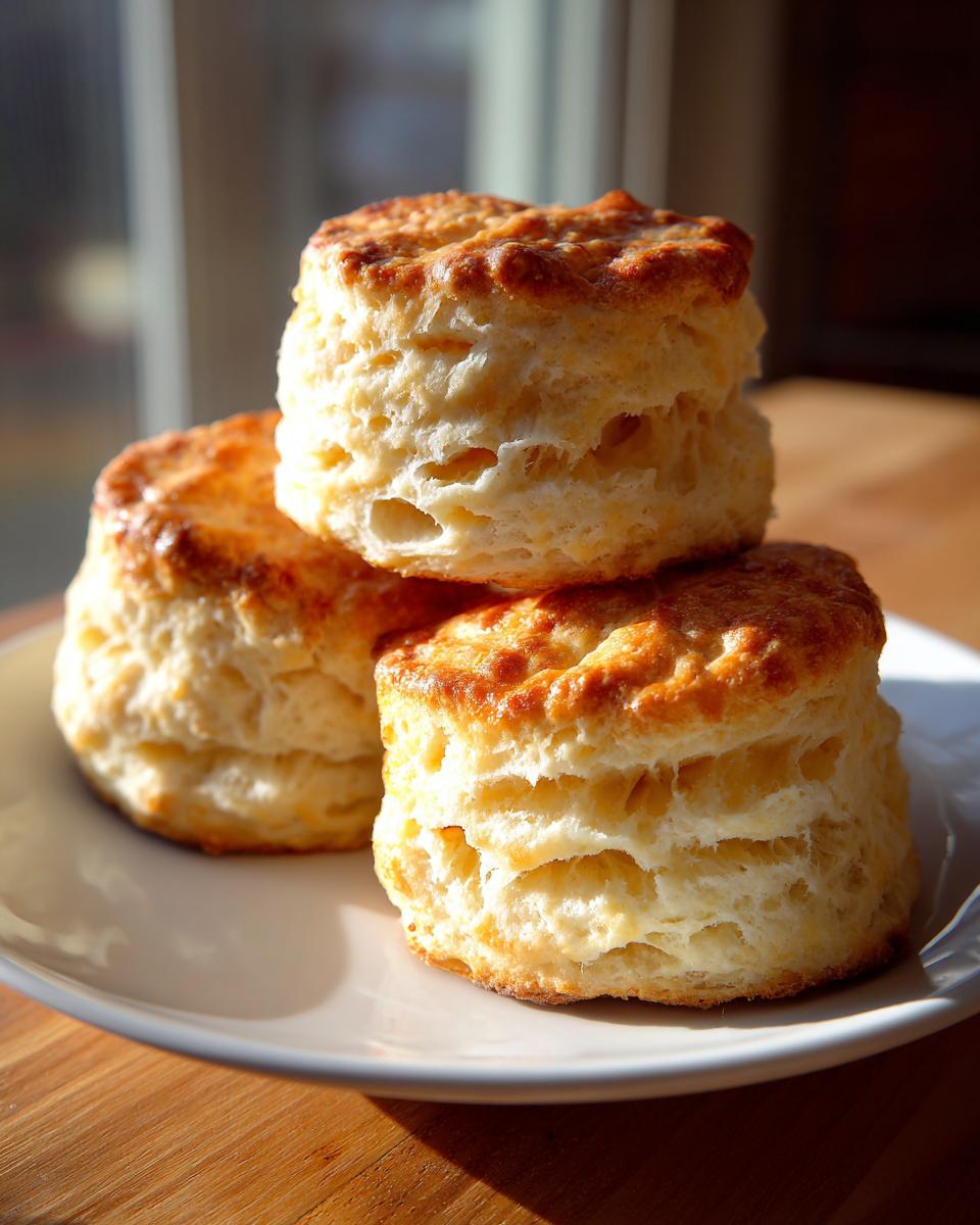 Three tall, flaky buttermilk biscuits stacked on a white plate, showing their golden tops and layered texture.