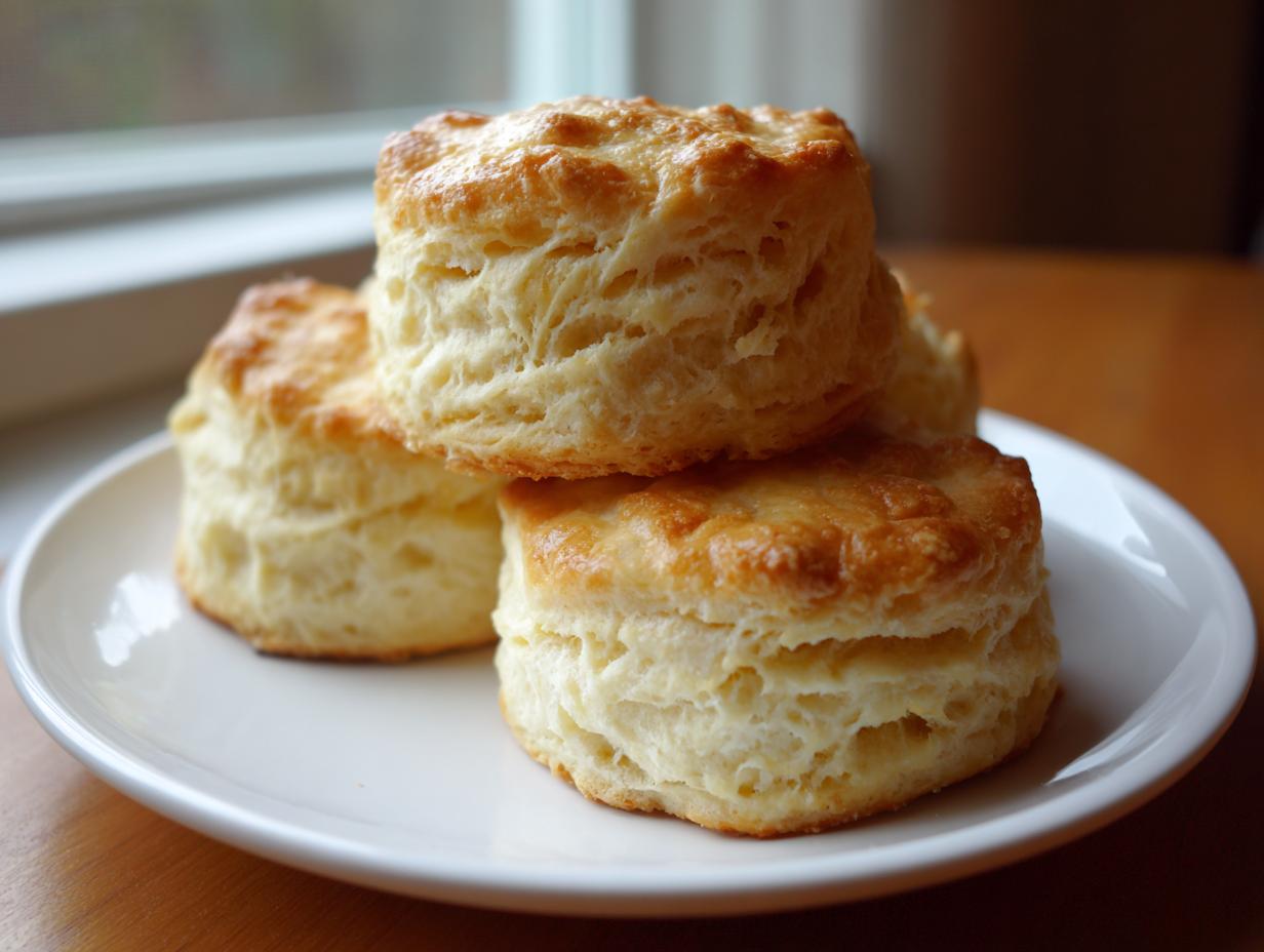 A stack of three golden-brown, flaky buttermilk biscuits piled on a white plate.