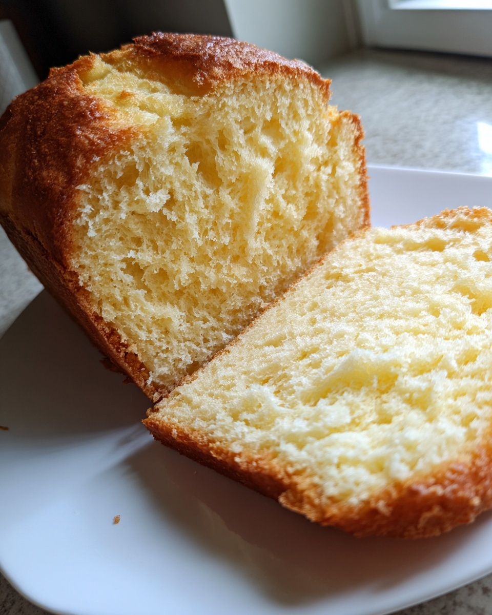 Close-up of a freshly baked condensed milk bread loaf, showing its soft, yellow, and fluffy interior texture.