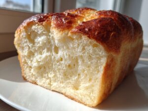 Close-up of a freshly baked loaf of condensed milk bread, showing its soft, fluffy interior and golden-brown crust.