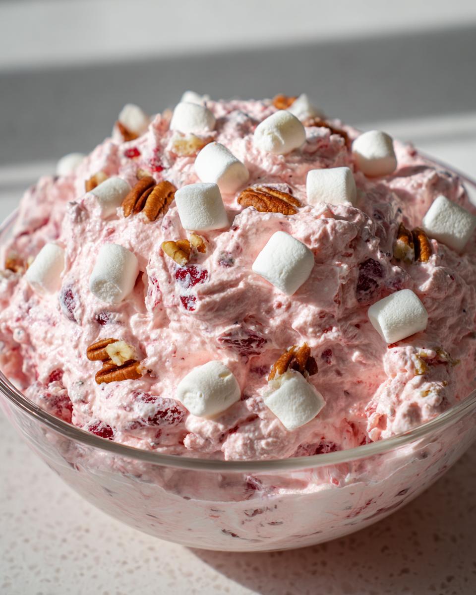 A close-up of a large glass bowl filled with fluffy pink cranberry salad, topped with mini marshmallows and pecans.