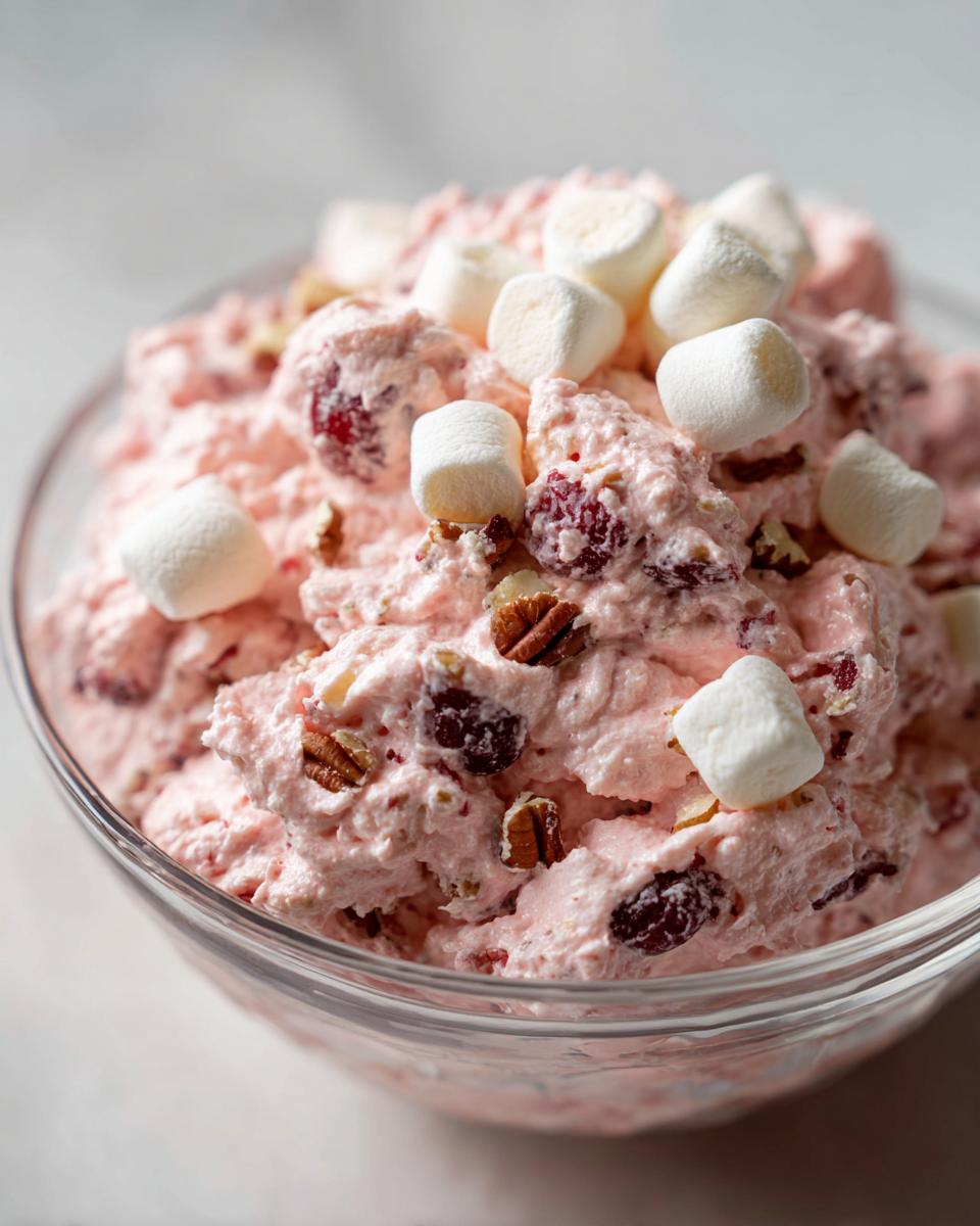 Close-up of a bowl filled with fluffy pink cranberry salad, topped with mini marshmallows and pecans.
