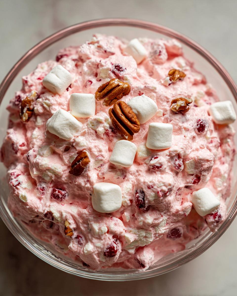 Close-up overhead view of fluffy pink cranberry salad topped with mini marshmallows and pecans in a clear glass bowl.