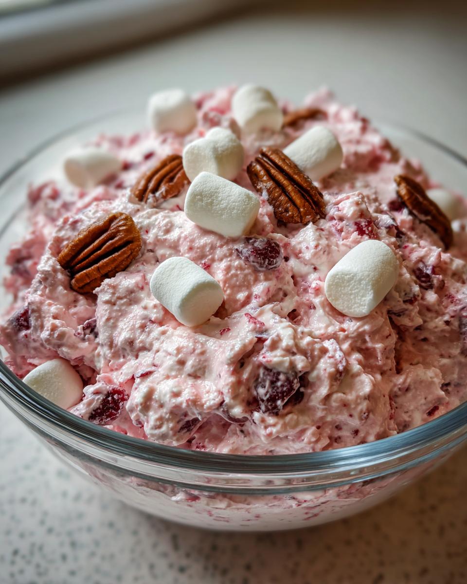 Close-up of a bowl of creamy, pink cranberry salad topped with mini marshmallows and pecan halves.