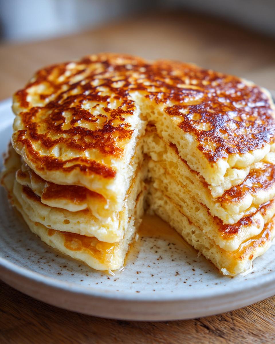 A tall stack of fluffy discard pancakes, cut open to show the texture and drizzled with syrup.