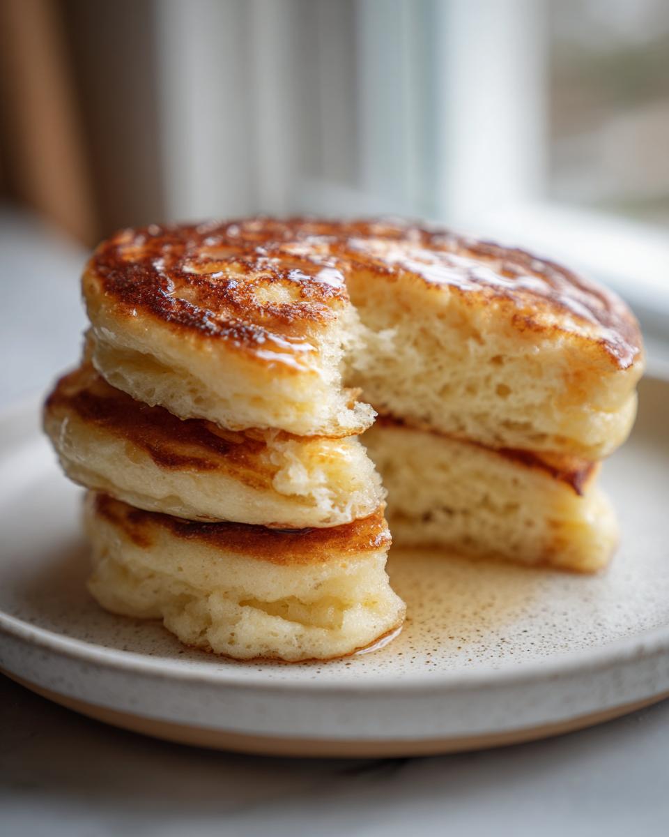 A close-up of a stack of three thick, fluffy discard pancakes drizzled with syrup, showing the airy interior.