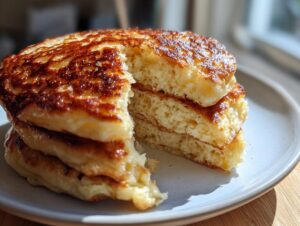 Close-up of a stack of fluffy discard pancakes, showing the light, airy interior and golden-brown, textured tops.