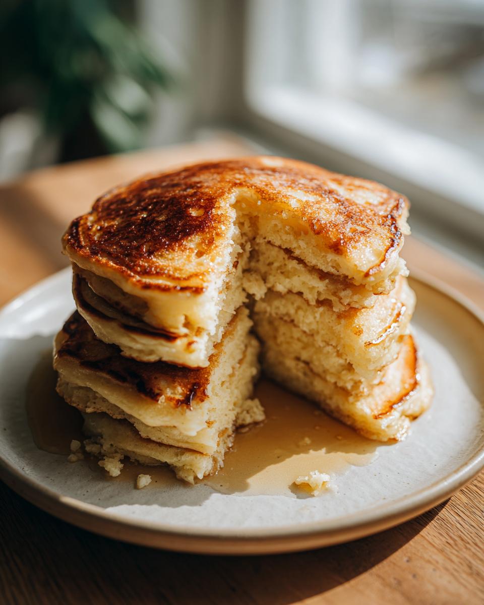Close-up of a fluffy stack of discard pancakes with a slice cut out, drizzled with syrup.