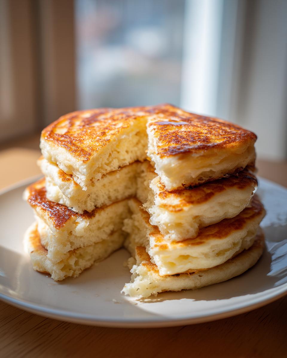 A tall stack of fluffy discard pancakes, golden brown on the outside, with a piece cut out showing the airy interior.
