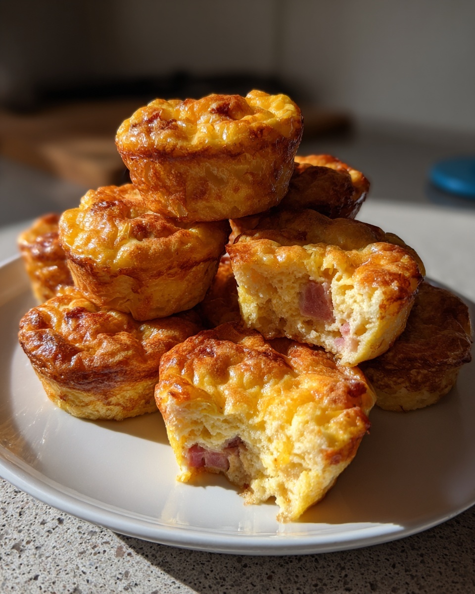 A stack of golden brown, fluffy egg bites, one of which is bitten into showing ham inside.