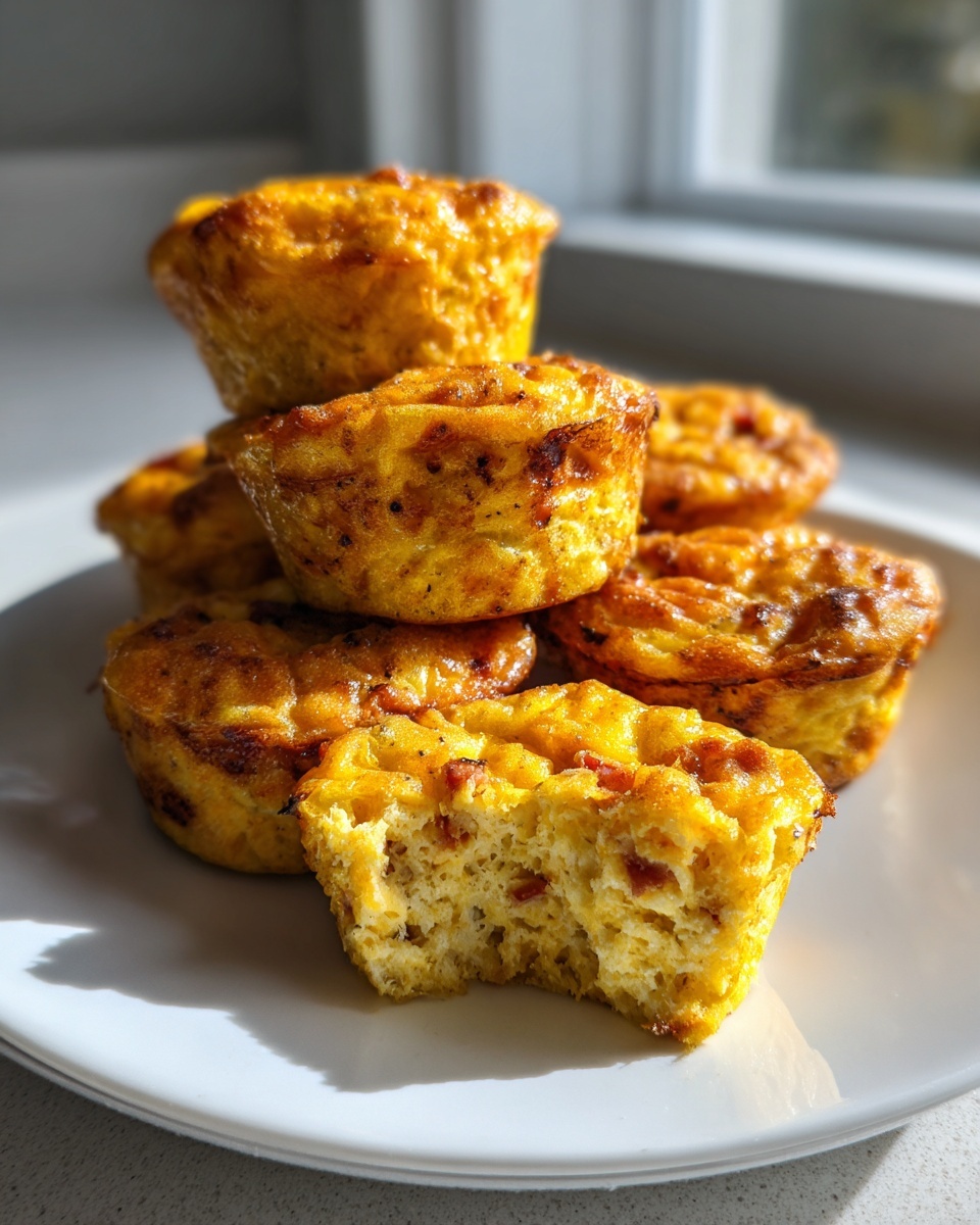 A stack of fluffy, golden-brown egg bites, one with a bite taken out showing the texture.
