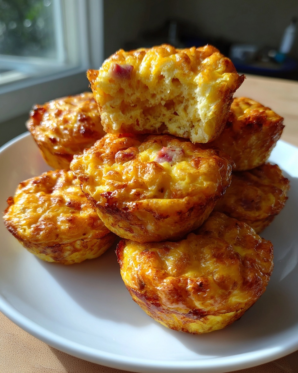 A stack of fluffy, golden-brown egg bites, one broken open to show the texture, perfect for meal prep.