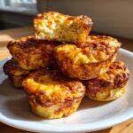 A stack of golden-brown, fluffy egg bites, one broken open to show the texture, perfect for meal prep.