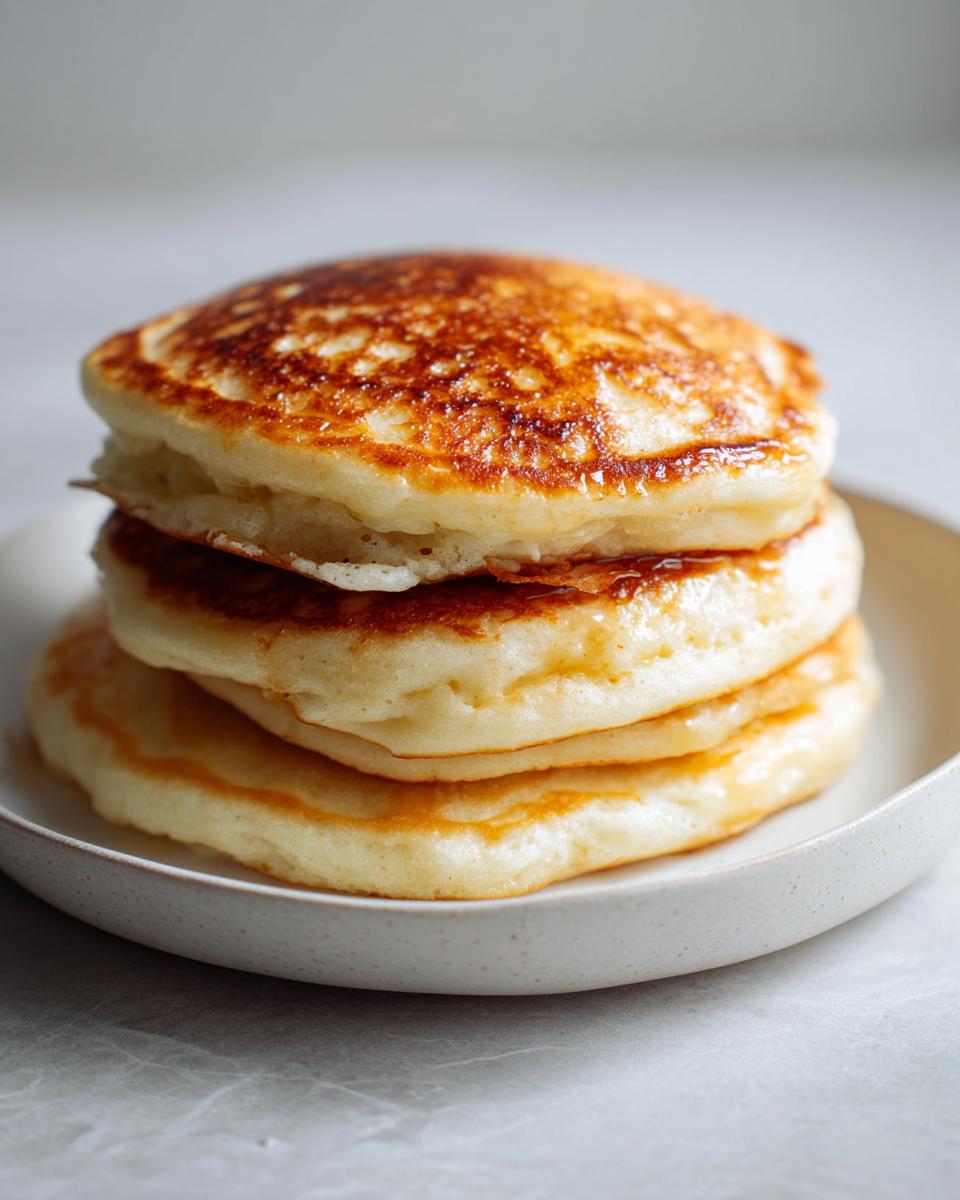 A close-up stack of three fluffy greek yogurt pancakes with golden-brown tops, lightly drizzled with syrup.