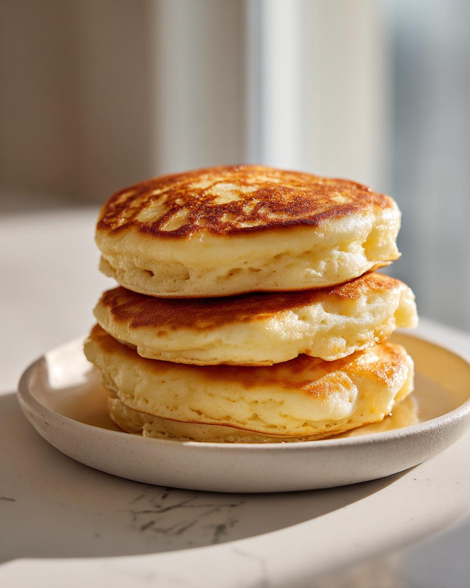 A stack of three thick, fluffy greek yogurt pancakes with golden-brown tops on a small white plate.