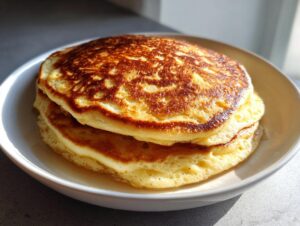 A close-up of a stack of three golden-brown greek yogurt pancakes served in a white bowl.