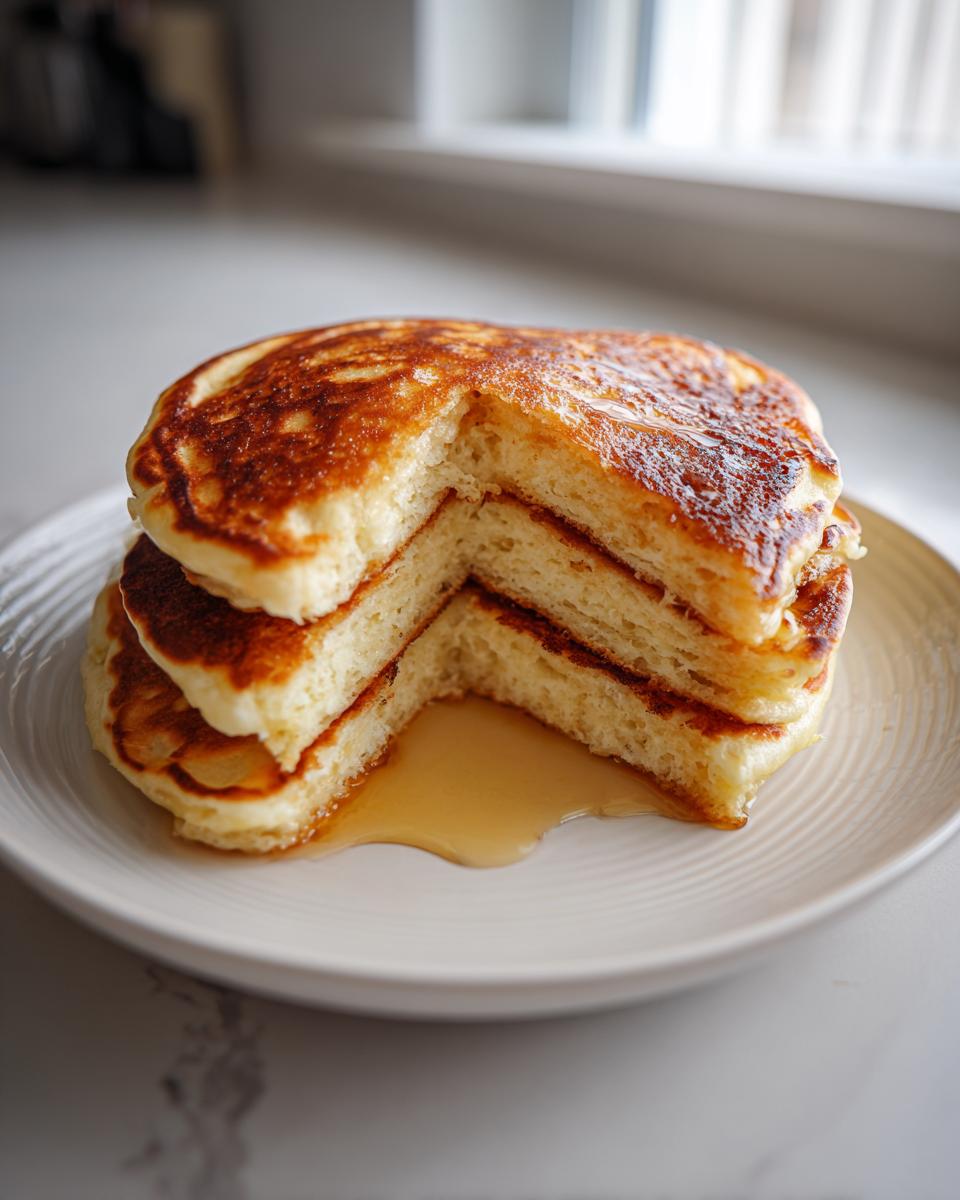 A tall stack of fluffy greek yogurt pancakes with a slice removed, drizzled with syrup.