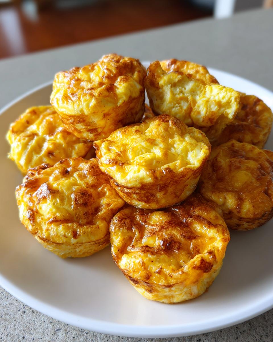 A stack of golden brown, fluffy baked egg bites piled high on a white plate.