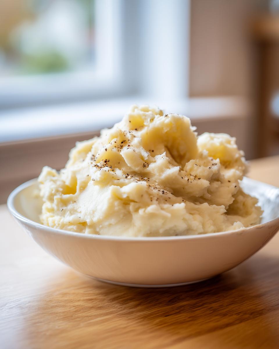 A bowl overflowing with fluffy mashed potatoes recipe, topped with freshly cracked black pepper.