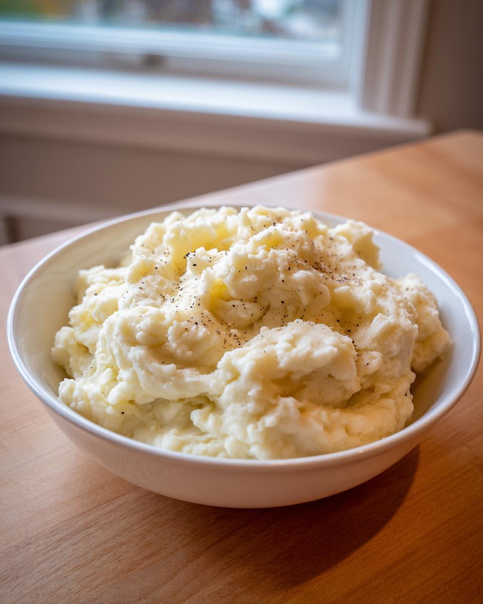A bowl filled with fluffy mashed potatoes recipe, topped with freshly ground black pepper.