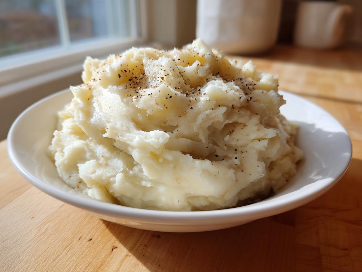 A generous serving of fluffy mashed potatoes recipe in a white bowl, seasoned with cracked black pepper.