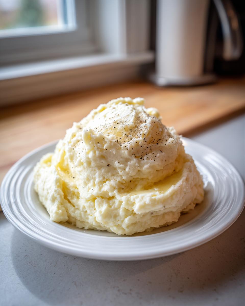 A generous serving of fluffy mashed potatoes recipe topped with melted butter and black pepper on a white plate.