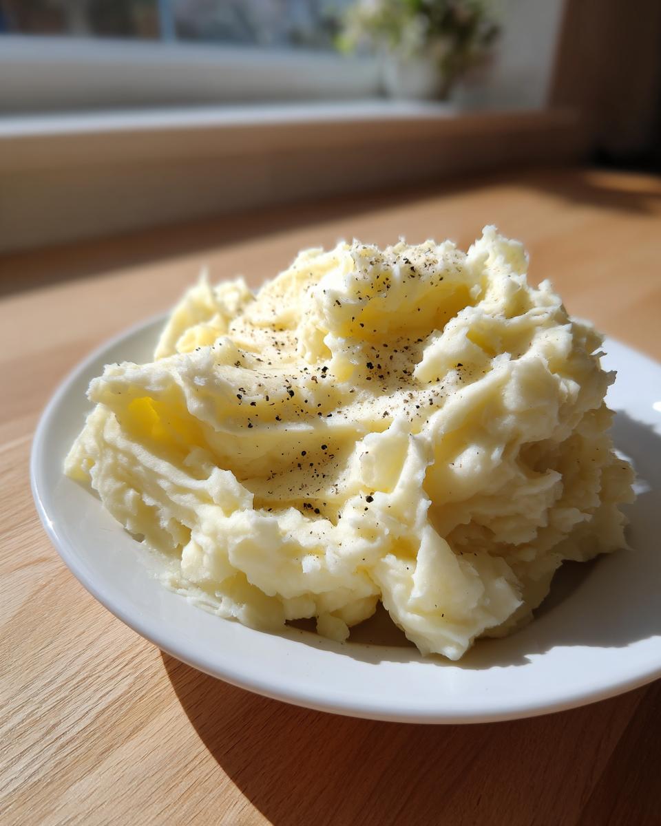 A generous serving of fluffy mashed potatoes recipe, lightly seasoned with cracked black pepper on a white plate.