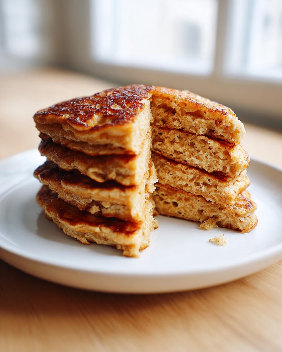 A tall stack of fluffy oatmeal pancakes with a slice cut out, showing the texture.