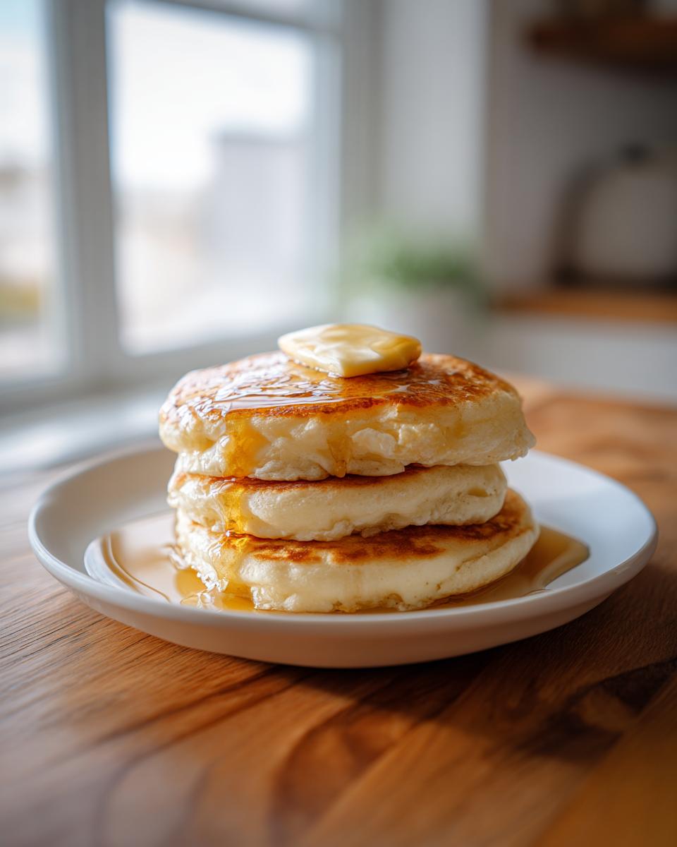 A close-up of three fluffy pancakes stacked high, topped with melting butter and drizzled with syrup. These are perfect pancakes.