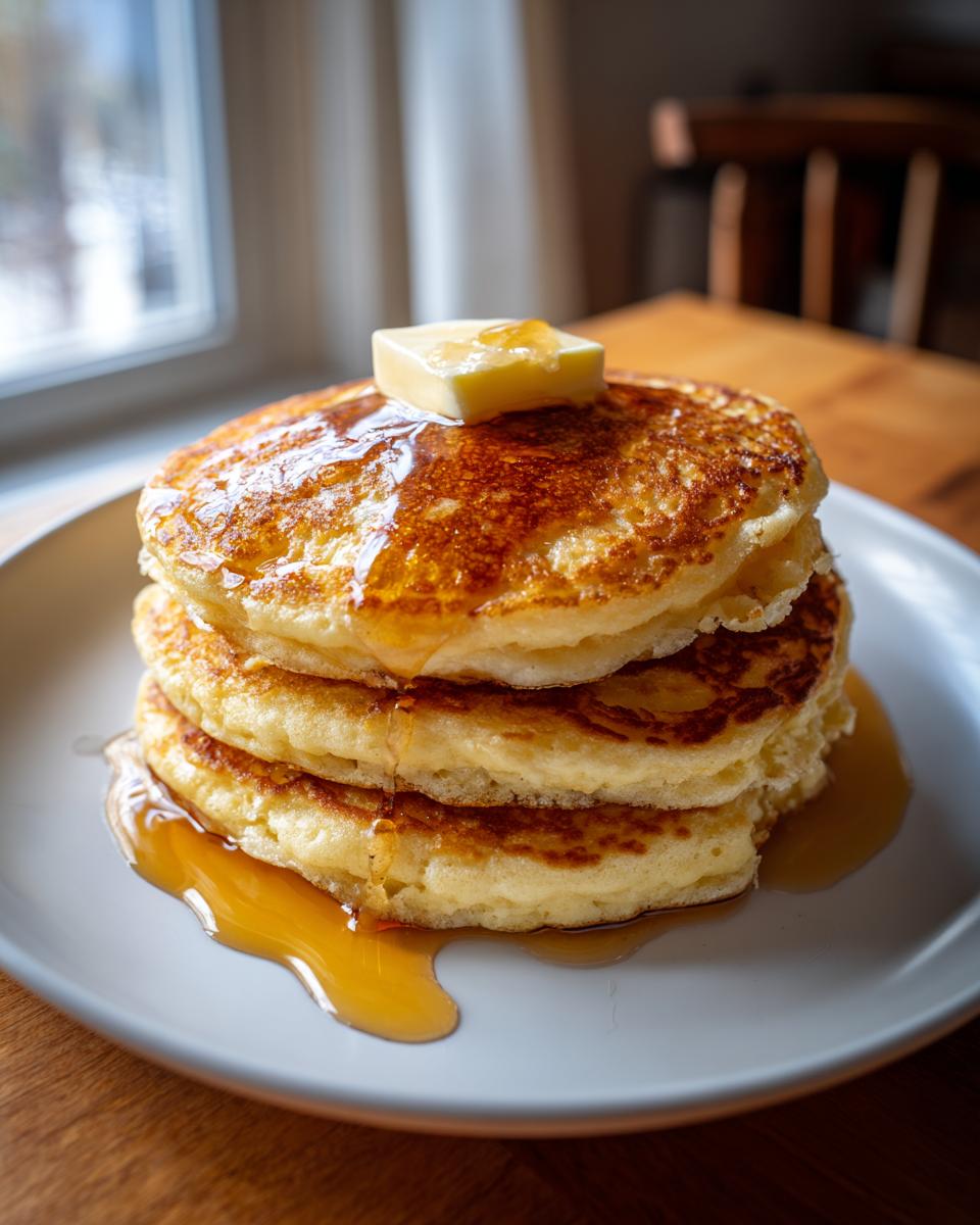 Close-up of a tall stack of fluffy pancakes topped with a pat of melting butter and drizzled with syrup.