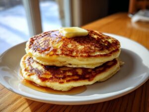 Close-up of two fluffy pancakes stacked, topped with melting butter and drizzled with syrup, ready to eat.