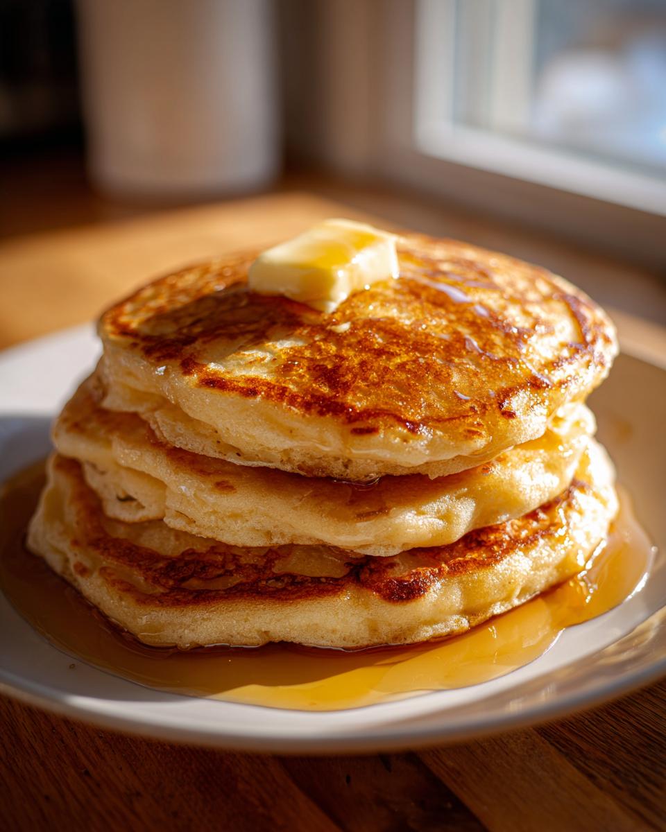 A tall stack of three fluffy pancakes topped with melting butter and drizzled with syrup, achieving the perfect pancakes.