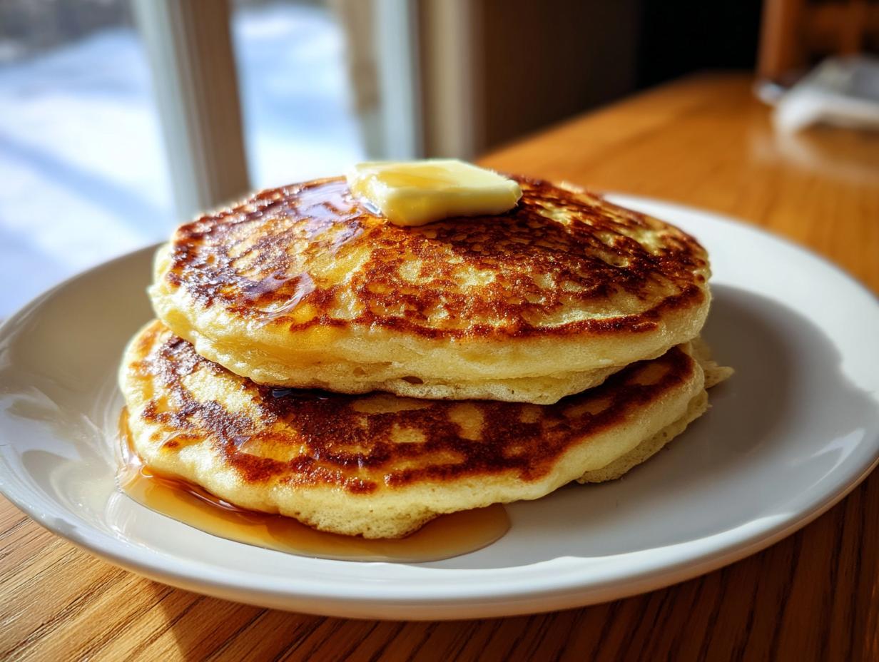 Close-up of two fluffy pancakes stacked, topped with melting butter and drizzled with syrup, ready to eat.