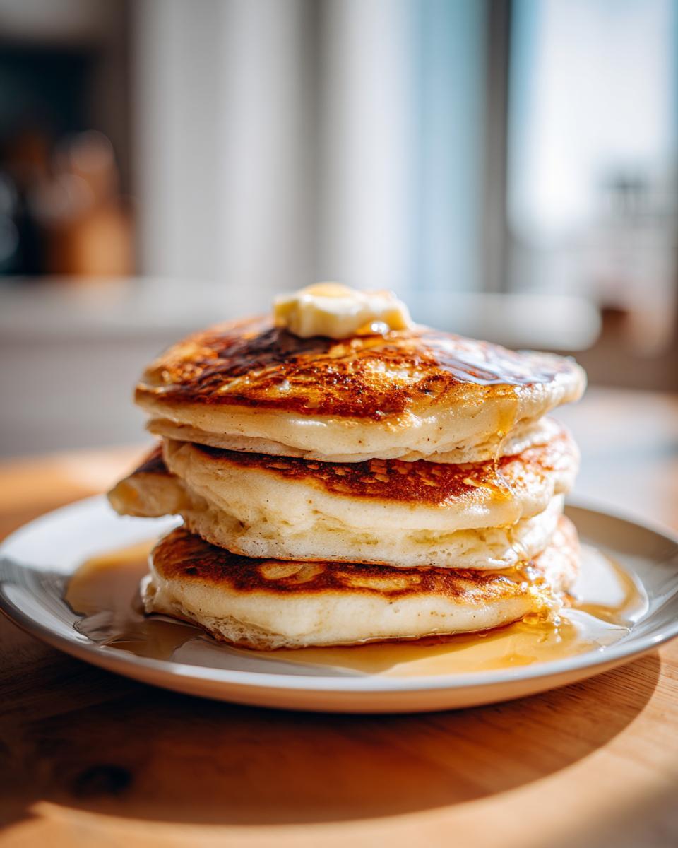 Close-up of a tall stack of fluffy pancakes topped with melting butter and drizzled with syrup.