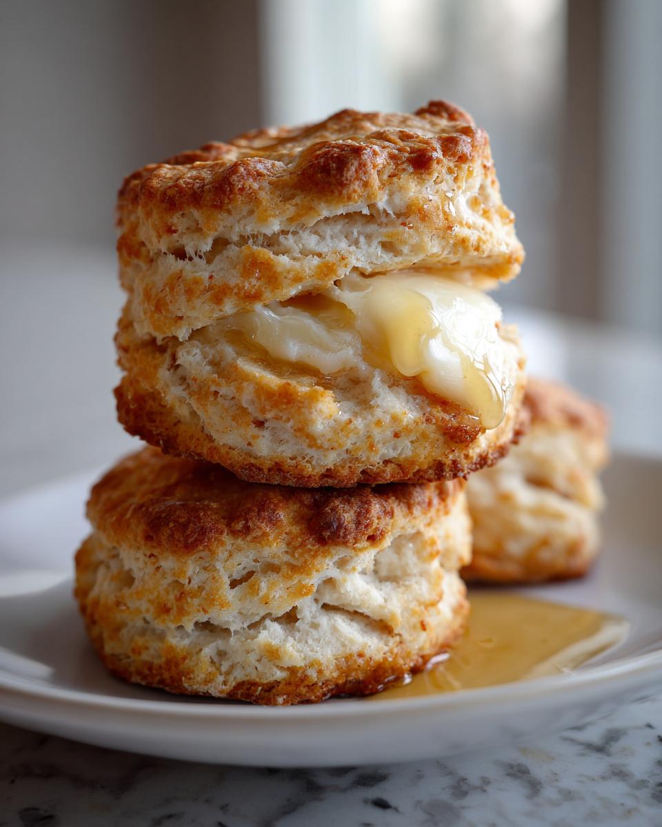 A stack of two fluffy sweet potato biscuits, split and filled with melting butter and drizzled with honey.