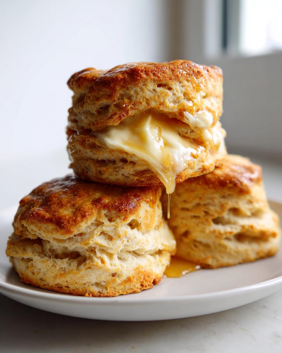 A stack of three fluffy sweet potato biscuits, one split open with melting butter and honey dripping down.