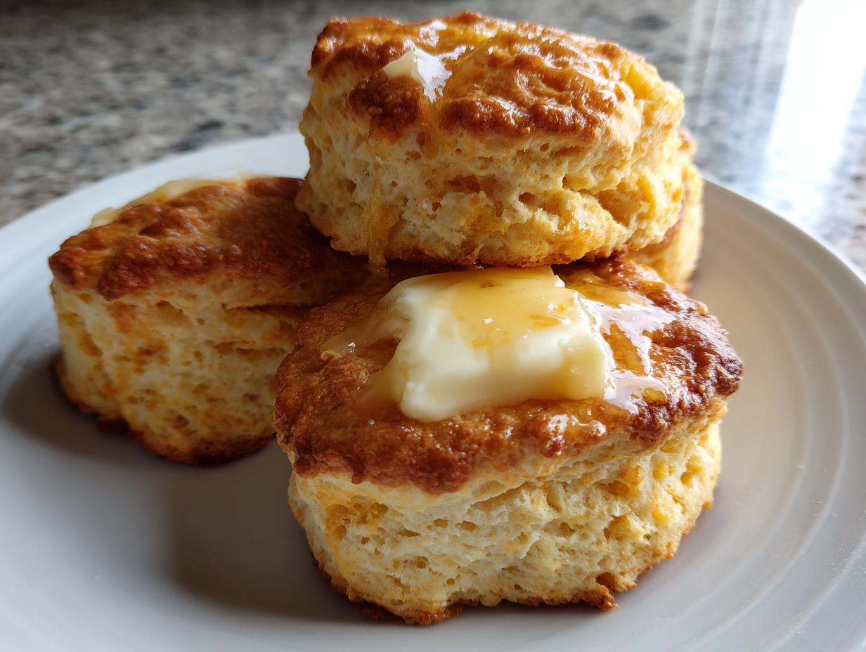 Close-up of three fluffy sweet potato biscuits stacked on a white plate, topped with melting butter and honey.