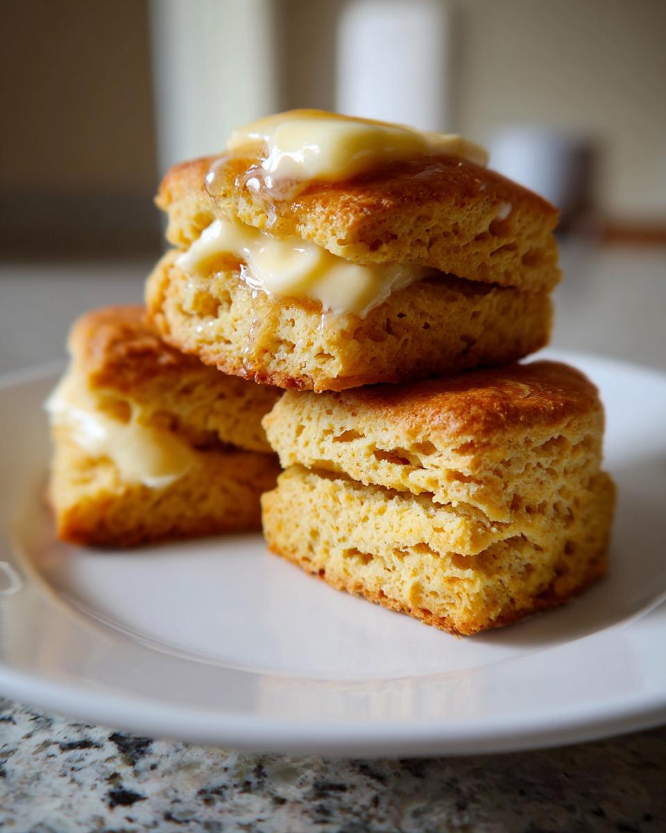 A stack of three fluffy sweet potato biscuits served on a white plate, topped with melting butter.