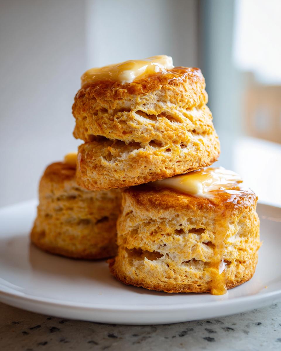 A stack of three fluffy sweet potato biscuits topped with melting butter and drizzled honey.
