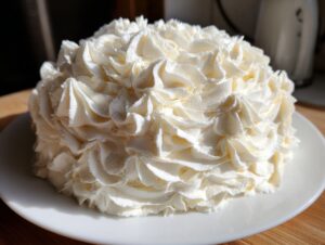 A small cake completely covered in thick, piped swirls of white vanilla buttercream frosting.