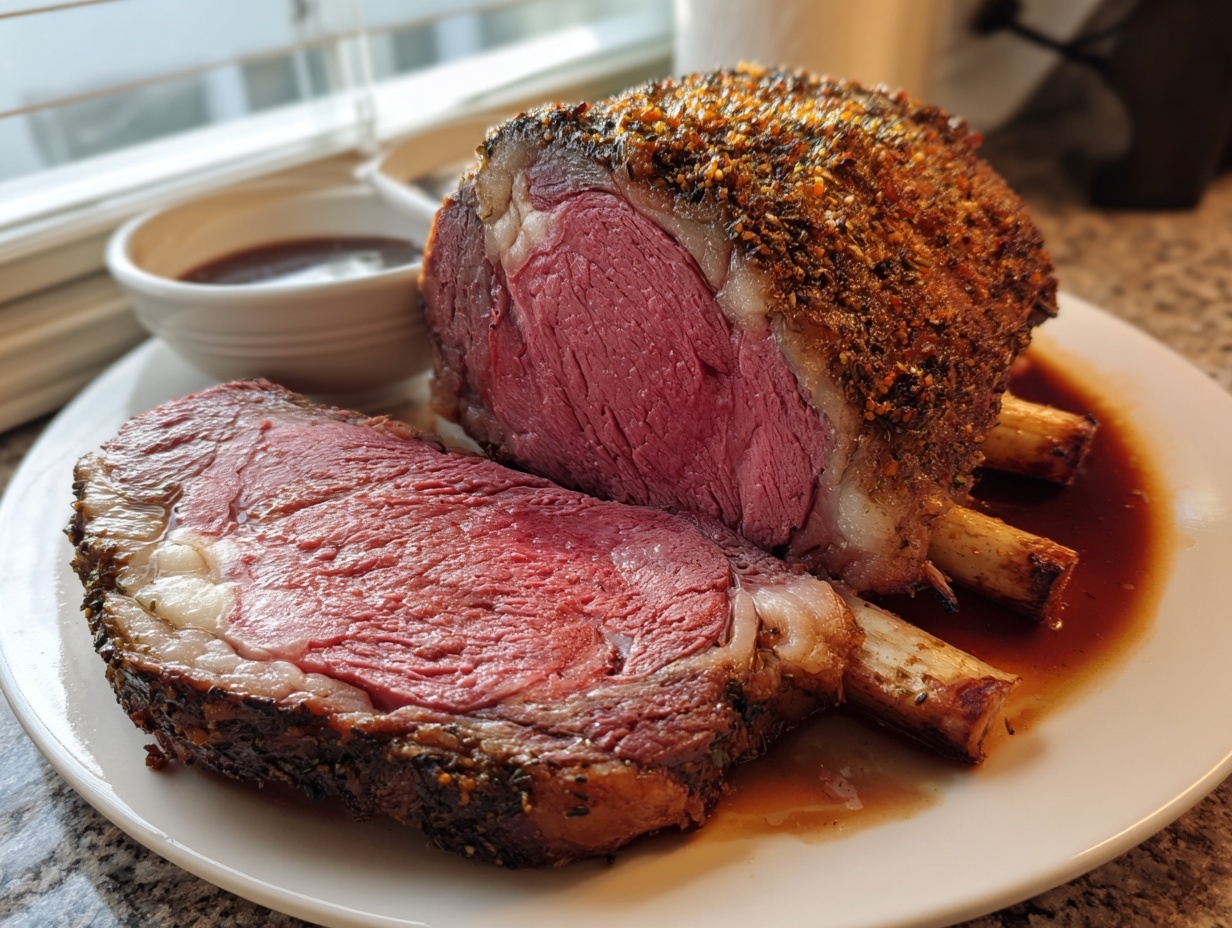 A perfectly cooked, medium-rare rib roast, sliced to show the pink interior and herb crust, resting in its juices.