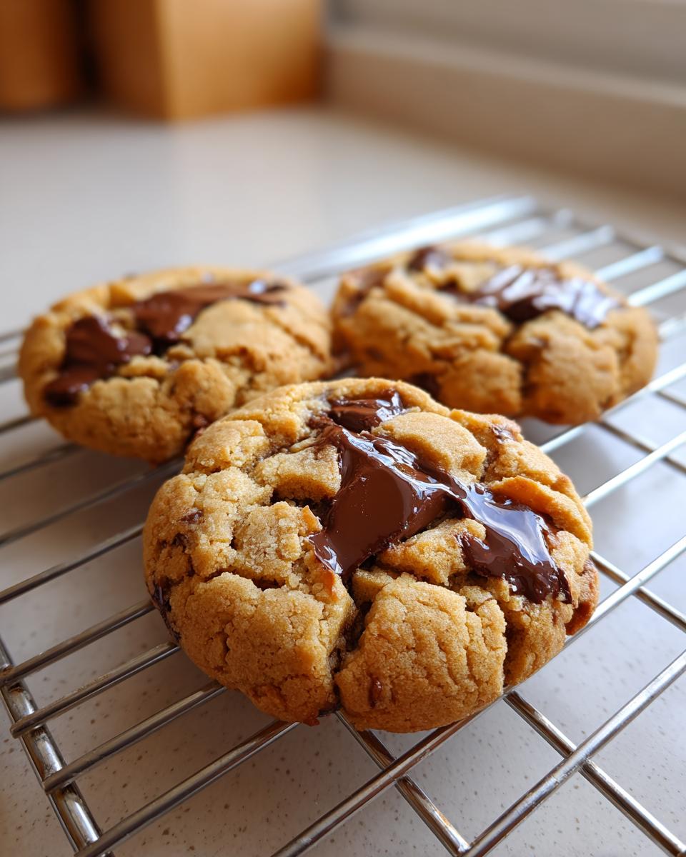 Three freshly baked peanut butter chocolate chip cookies cooling on a wire rack with gooey melted chocolate.