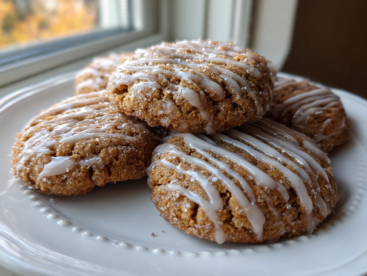 A close-up of several soft apple cider cookies drizzled with white icing and sprinkled with sugar.