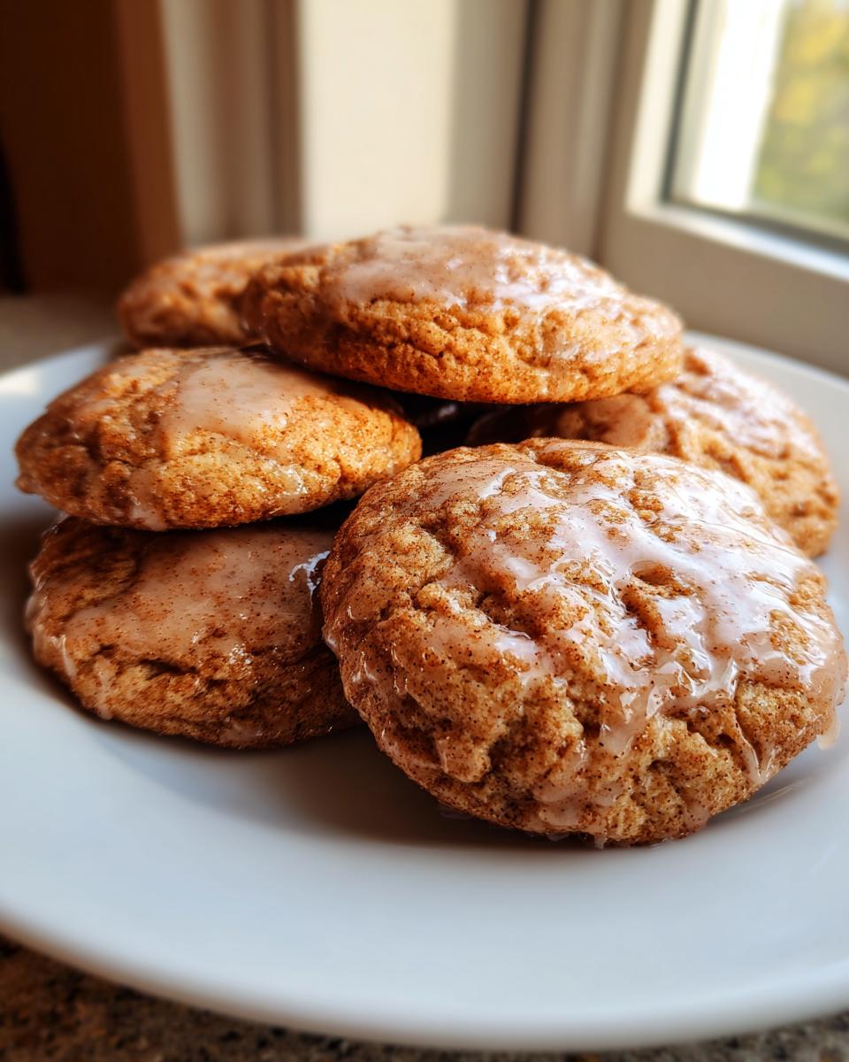 A close-up of several soft, spiced apple cider cookies topped with a light glaze, stacked on a white plate.