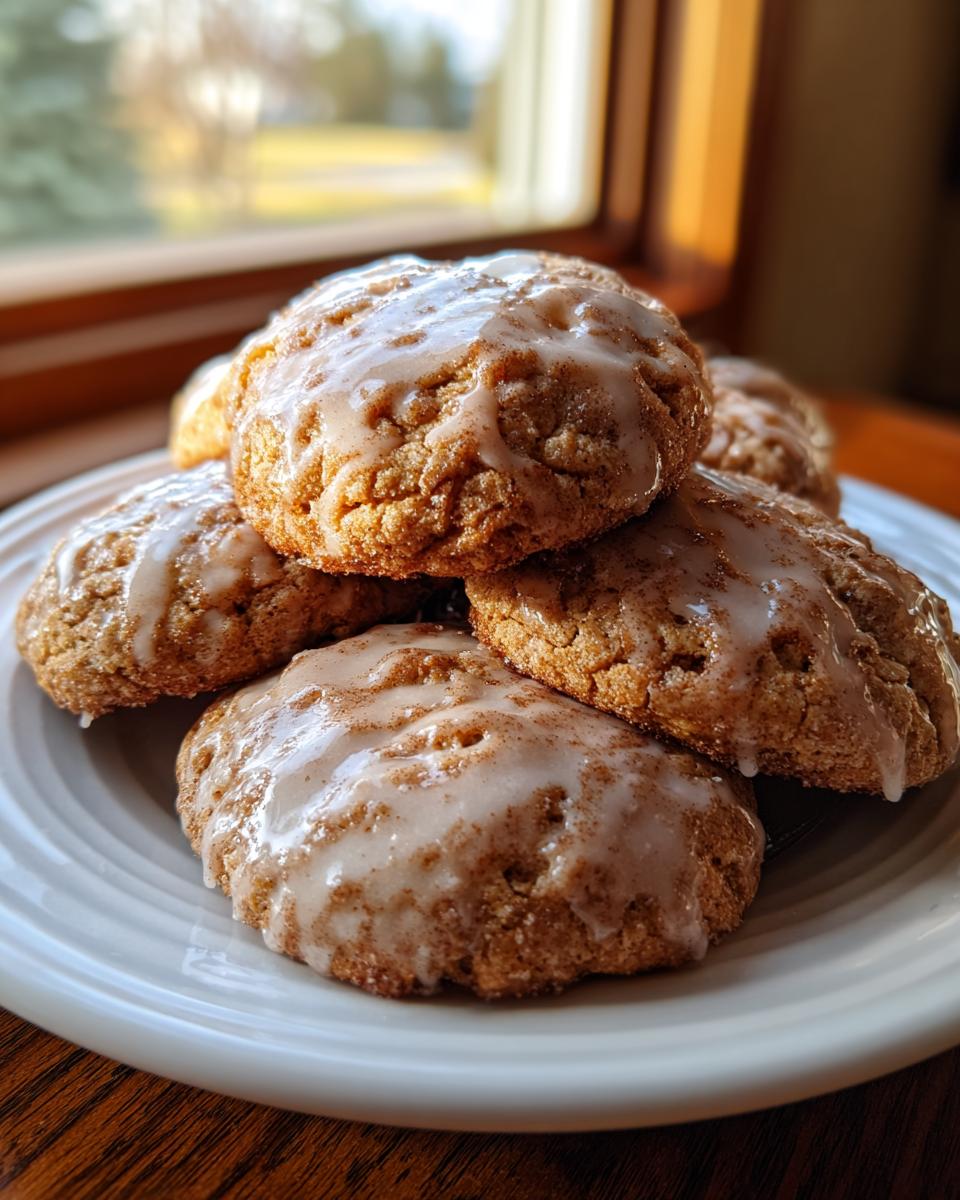 A stack of freshly baked apple cider cookies drizzled with a light glaze, resting on a white plate near a window.