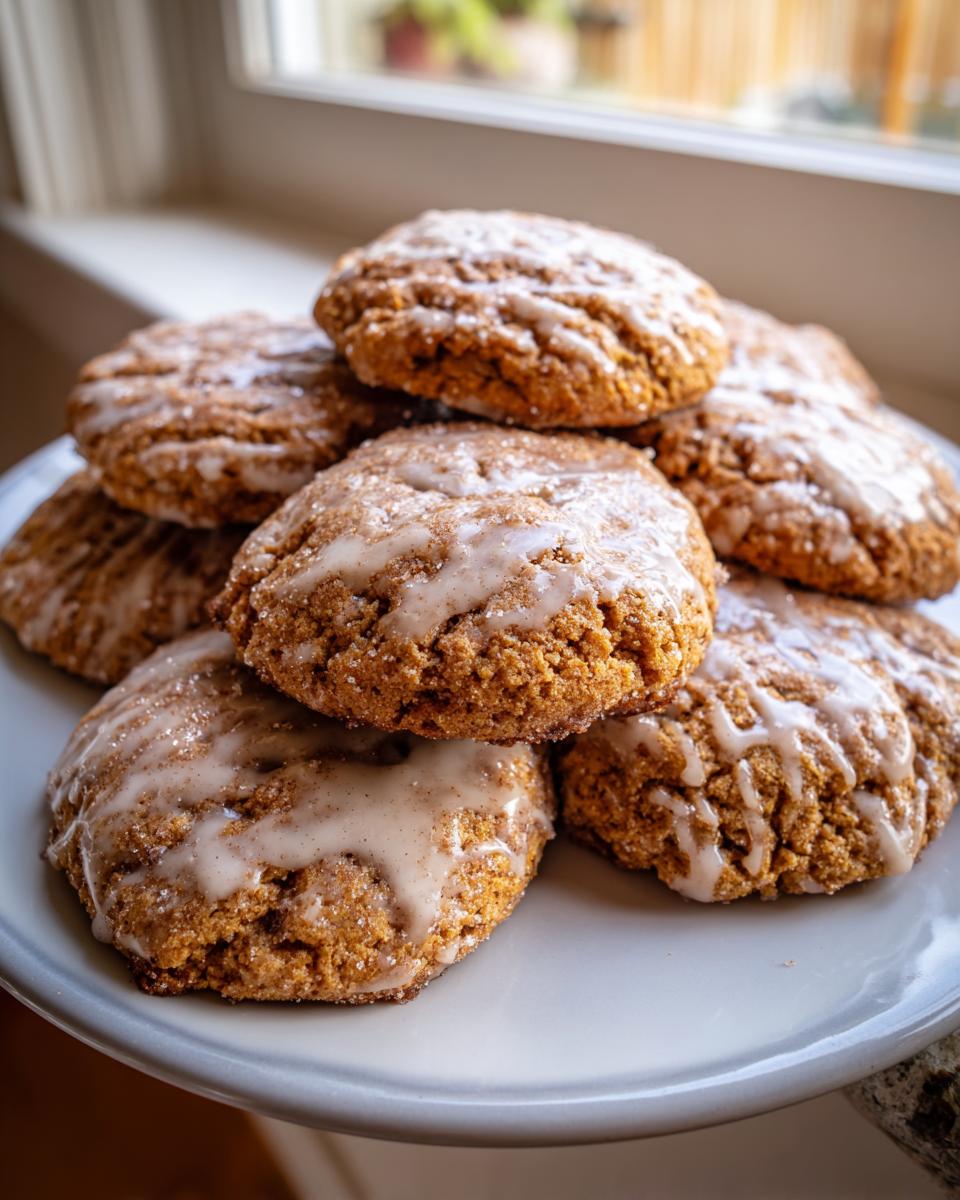A close-up stack of soft, spiced apple cider cookies topped with a light cinnamon glaze.