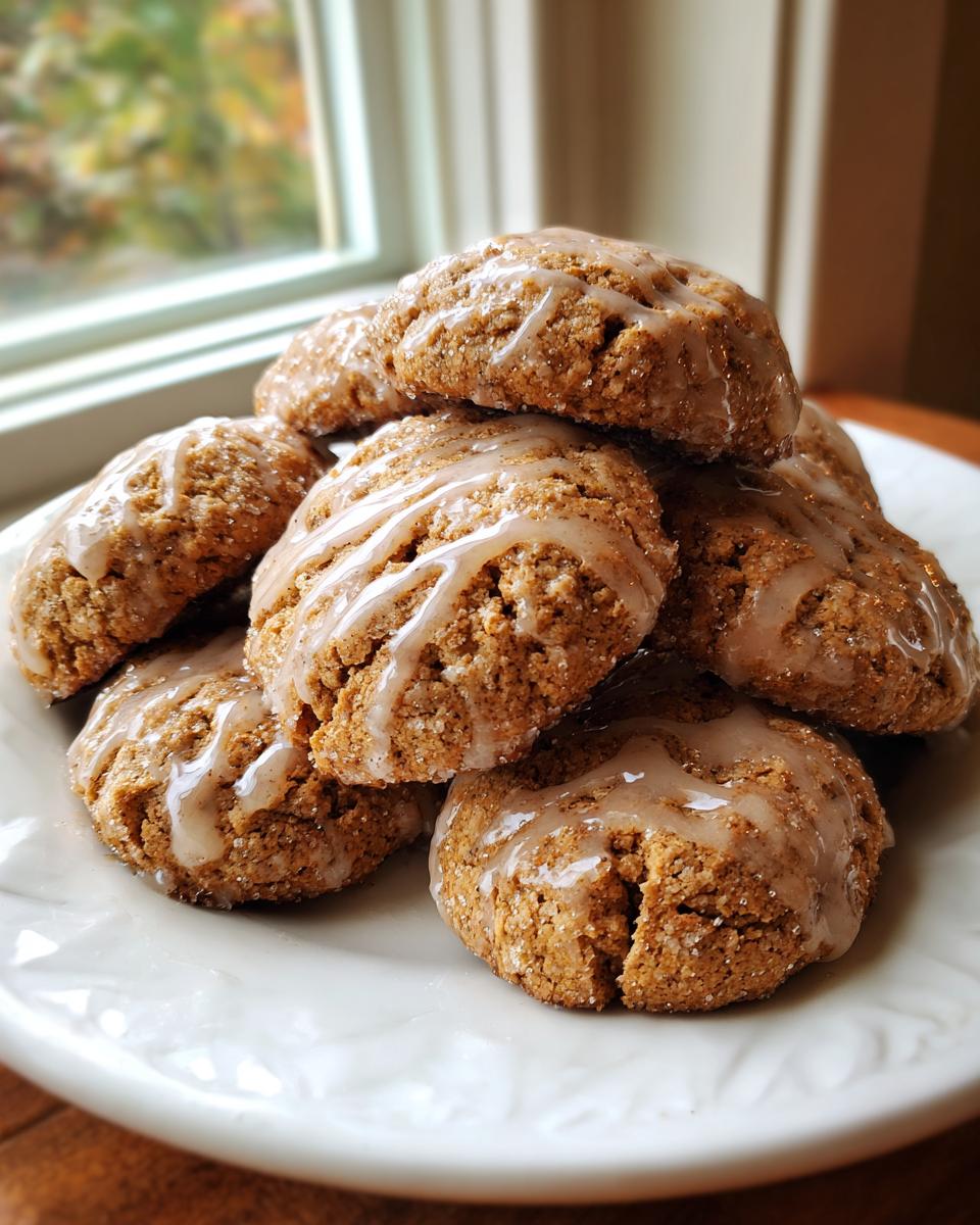 A stack of soft, brown apple cider cookies drizzled with a light glaze, resting on a white plate near a window.